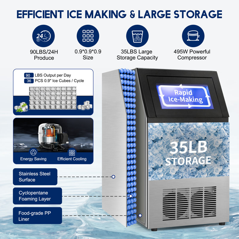 Velivi 90 Lb. Daily Production Cube Clear Ice Freestanding Ice Maker